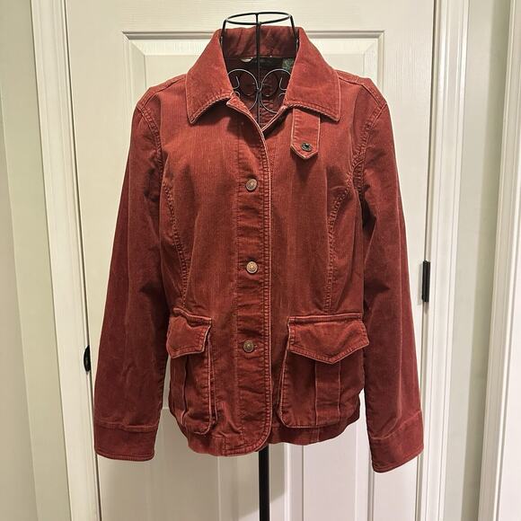 Eddie Bauer Corduroy Button Down Jacket Women's Size Large Petite Rust/Red Moto - Picture 1 of 15